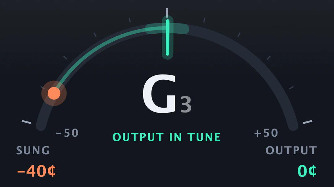 The tuner gauge: G3, sung −40 cents, output 0 cents